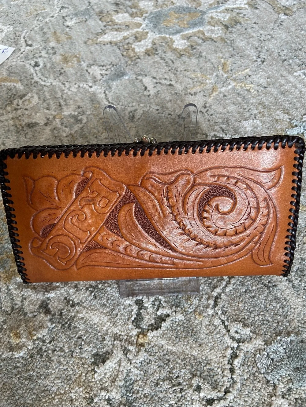 Vintage Hand-Tooled Floral Leather Clutch Wallet and Coin Pouch